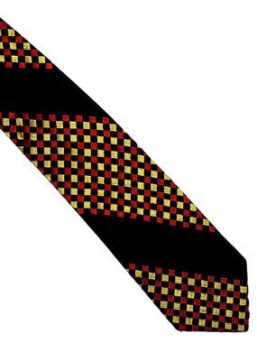 Vtg Black Tie Yellow & Red Embroidered Squares Checks France Necktie 2.75 x 54